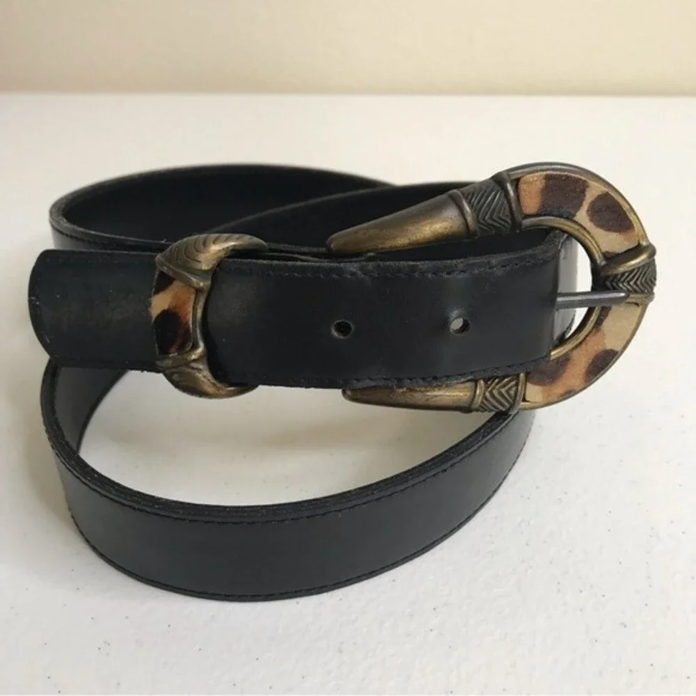 Animal Print Black Belt Made in USA Brass Color Buckle Size Medium Large